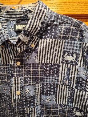 Lands' End Men's Blue Patchwork Button-Down Shirt With Lobsters, Flags, Crabs